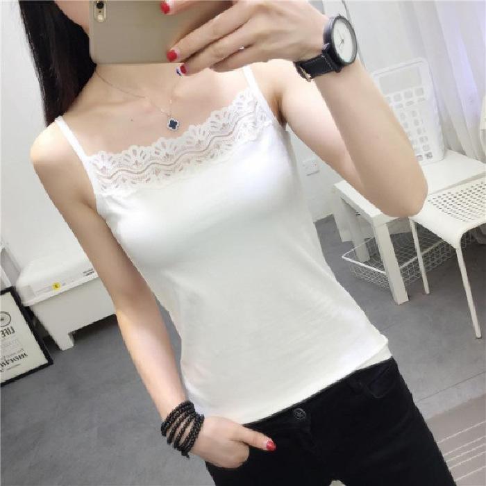 

[M-XXL] Spring and Summer Lace Splicing Sling Vest Women s Short Slim Bottom Shirt Top Women s Clothing Outside 2XL чорний