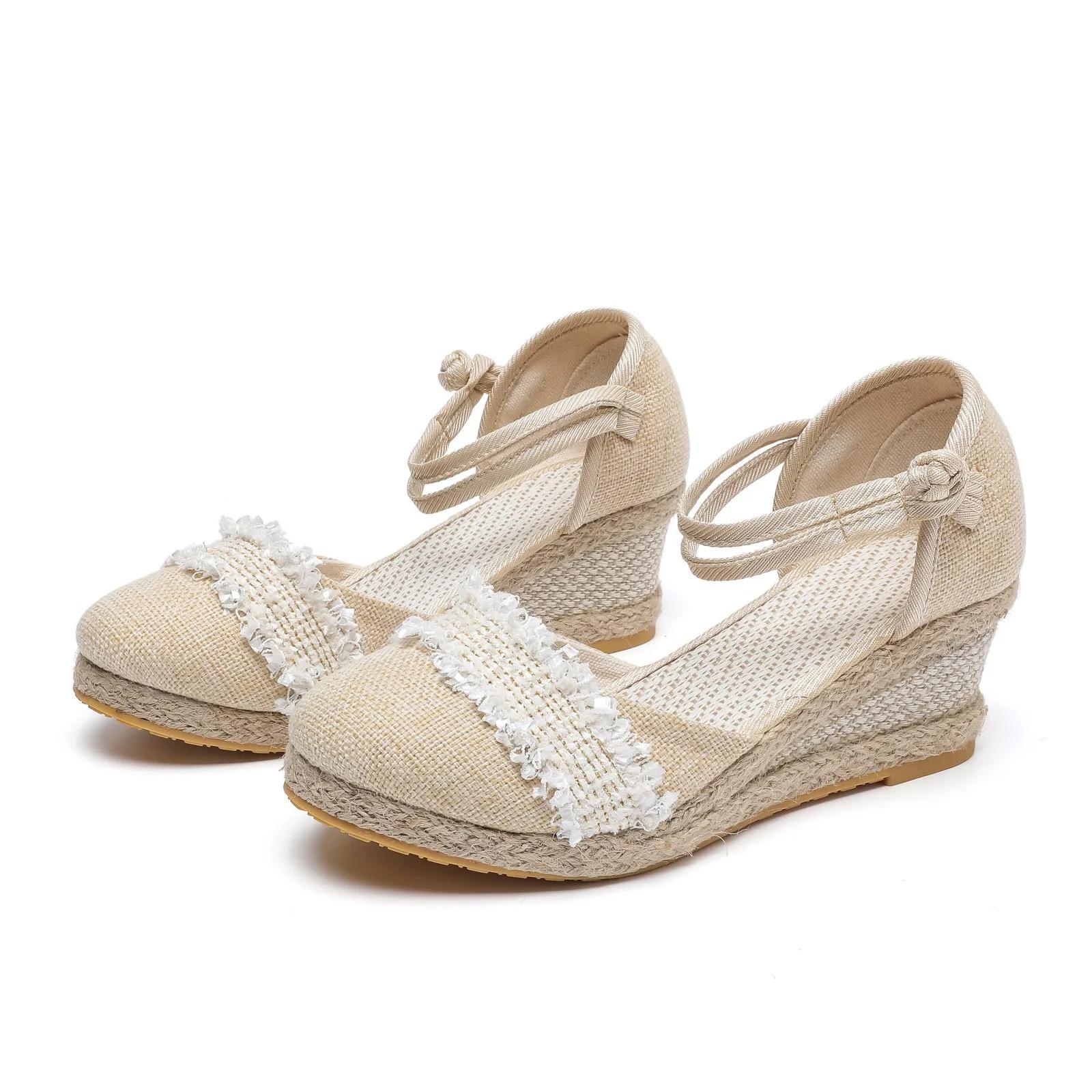 

Женские летние плетеные босоножки на танкетке, дышащие, нескользящие, с эластичной резинкой, с круглым носком, удобные, пушистые босоножки с ремешком для женщин 37 бежевый