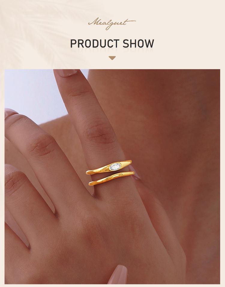 Double-layer Hollow Open Zirconia Rings for Women, Gold Plated Stainless Steel Finger Ring, Luxury Waterproof Jewelry