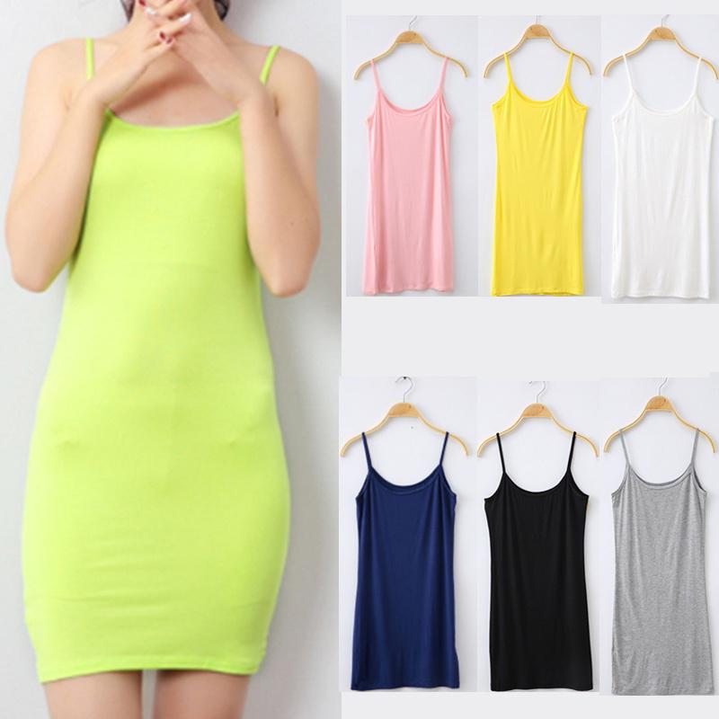 Ladies Stretchy Camisole Spaghetti Strap Gym Wear Long Tank Top Slip Mini Dressbuy at a low