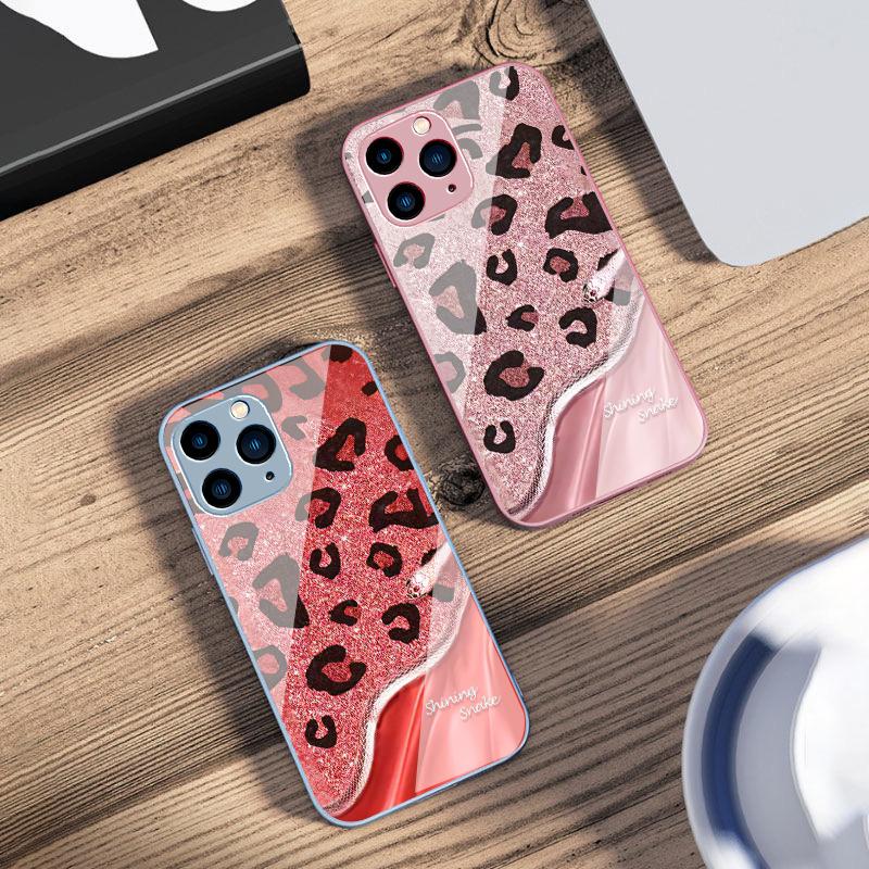 Leopard Sequin Snake For IPhone 16 Pro Max 15 Pro 14 13 12 Mini 11 XS Max XR 7 8 Plu SE 2022 Tempered Glass Phone Case