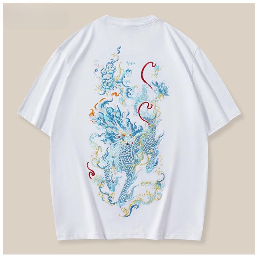 Kirin Cotton Short Sleeve Men's T-shirt Loose Large Size China-Chic Loose Tee Fashion Brand Round Neck Casual Tops
