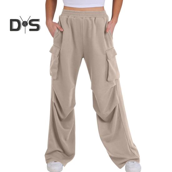 Women Cargo Pants Elastic Waist Mid-rise Straight Wide Leg Sweatpants with Multi Pockets Solid Color Casual Jogging Pants Loose Lounge Pants