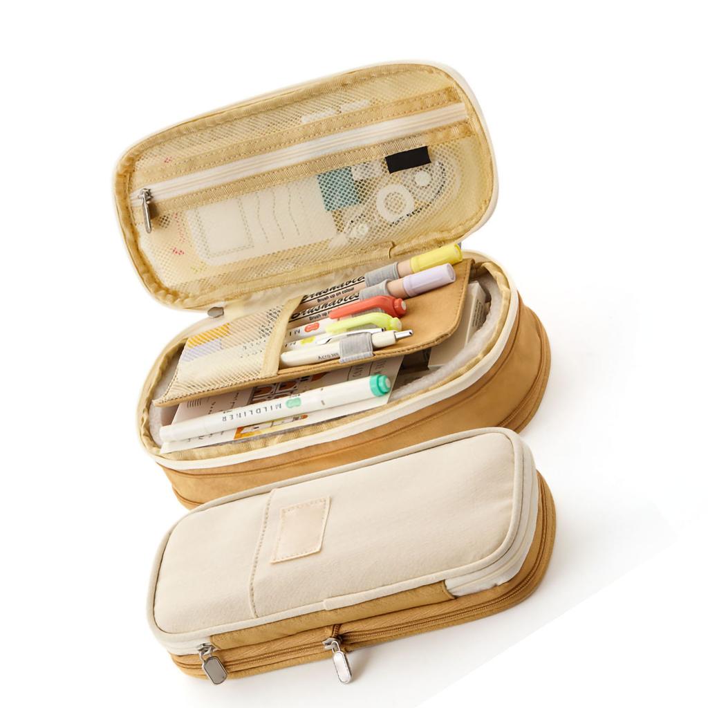 Stationery Bag Large Capacity Students Macaron Color Matching Canvas Pencil Bag Stationery Box Light Khaki Beige