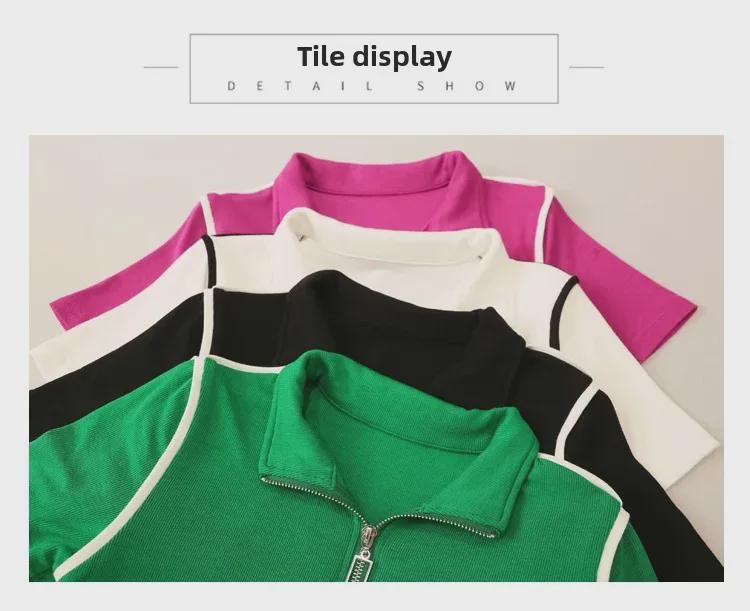 Tricou European pentru Femei cu Guler Ridicat și Fermoar la Jumătate, Design de Vară 2023, Top Versatil cu Mânecă Scurtă