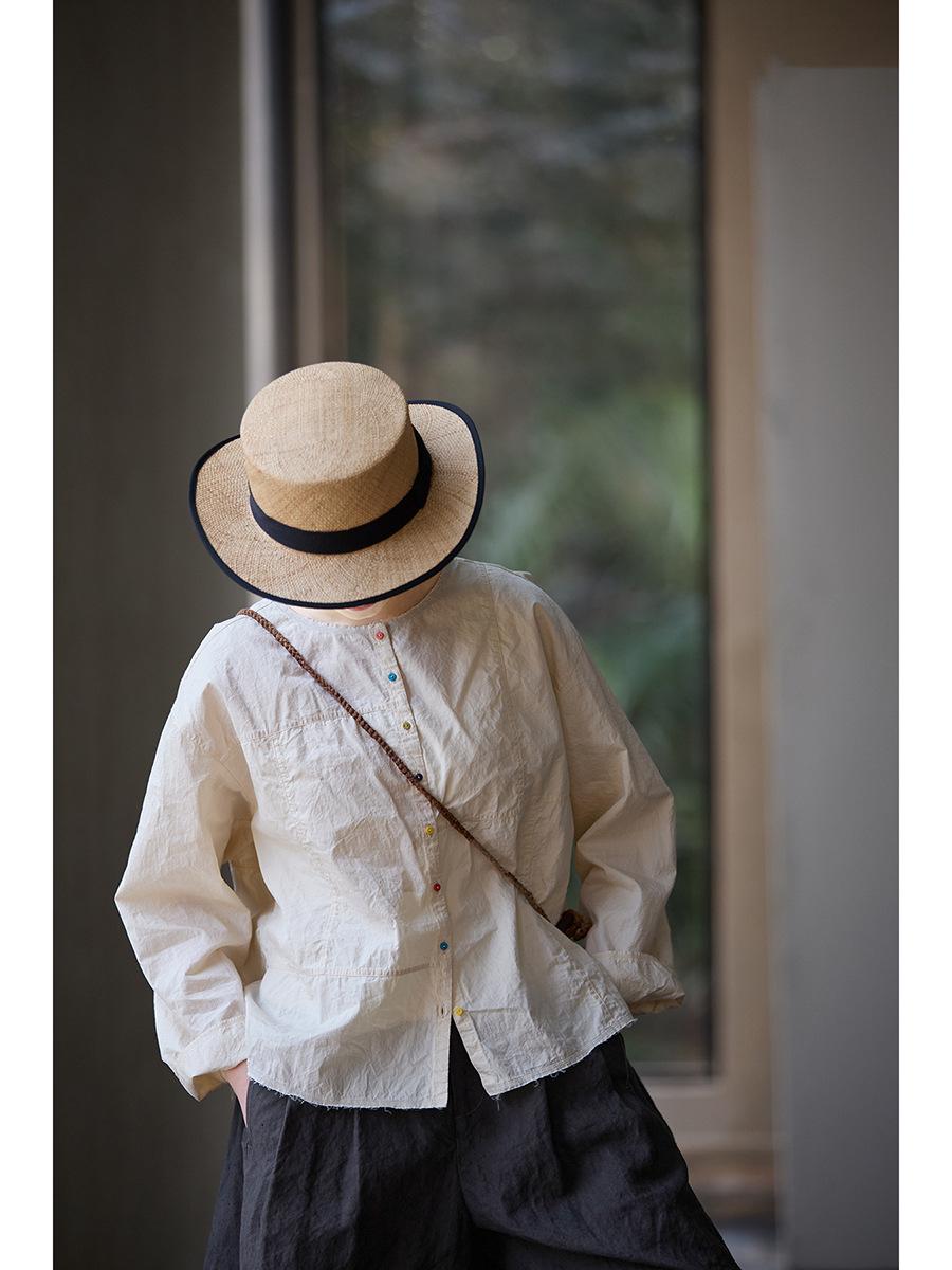 

Women s Retro White Cotton Casual Loose Shirt Large яєчна шкаралупа/білий