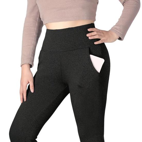 Women Leggings with Pockets Solid Color High Waist Plush Lining Thickened Warm Pants Tight Fit Cold Weather Leggings