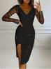 Women's V Neck Mesh Long Sleeve Glitter Bodycon Midi Dress Sexy High Slit Evening Party Cocktail Dresses