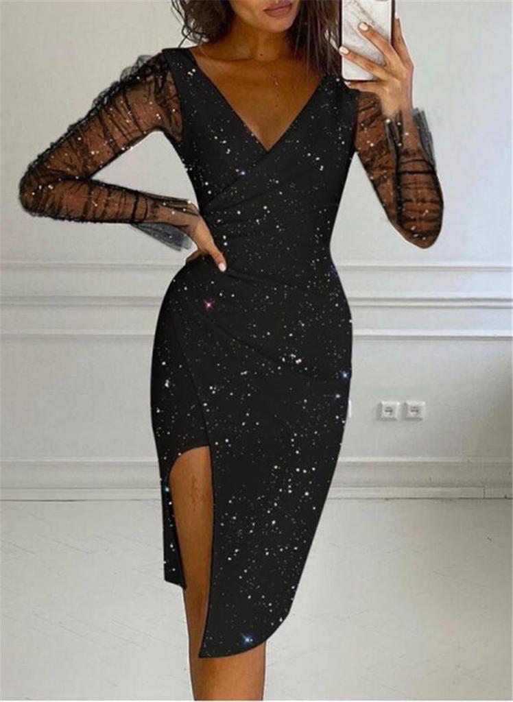 Women's V Neck Mesh Long Sleeve Glitter Bodycon Midi Dress Sexy High Slit Evening Party Cocktail Dresses