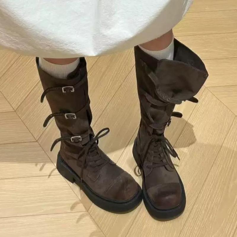 Fashion Women High Boots Flats Knee High Chelsea Gladiator Boots Winter Shoes Casual New 2025 Designer Dress Brand Lace Up Woman Botas