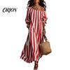 Lightweight Women Dress Summer Striped Long Dress, Off Shoulder Sleeve Casual Ankle Length Loose Swing with Side Pocket Outfit