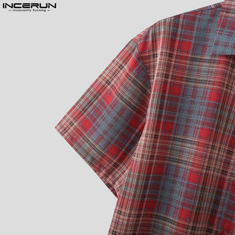 INCERUN Oversized Men Lapel Neck Short Sleeve Plaid Print Shirts Tops