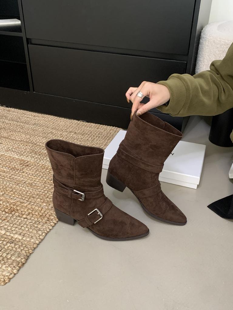 Korean Version Belt Buckle Thick Heel Folded Two Wear Short Boots Women's Autumn and Winter New Fashionable Temperament Denim Thin Short Boots