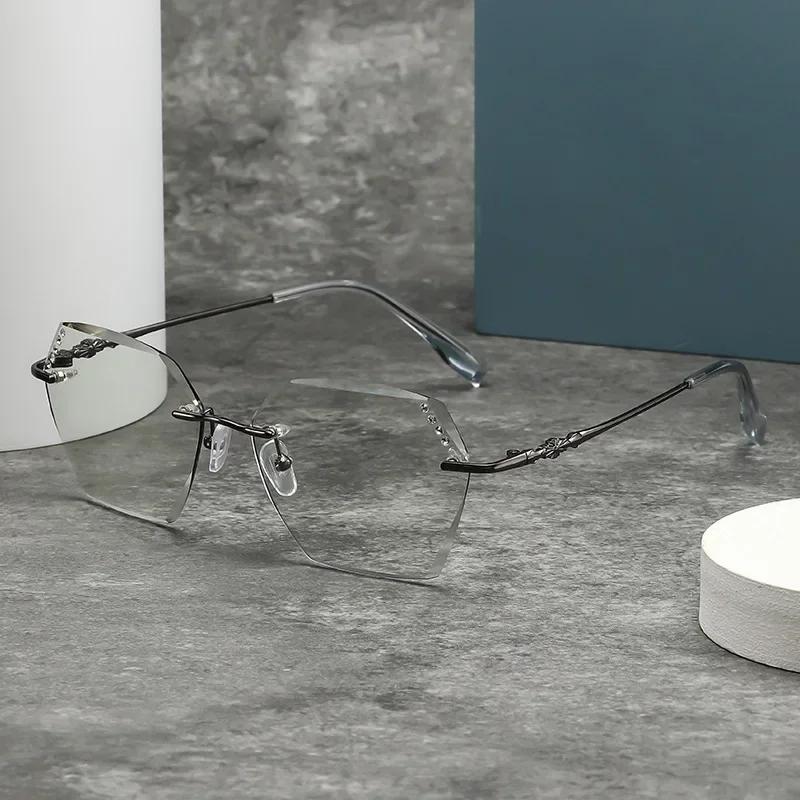 Frameless Diamond Studded Color Changing Myopia Glasses Fashion Oversized Frame Photochromic Eyewear Utral Ight Minus Eyeglasses