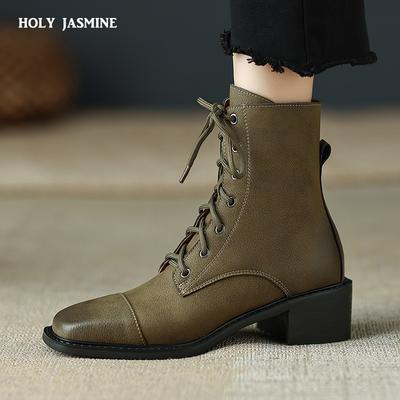 Fashion 2025 New Cross-Tied Women Short Boots Autumn Winter Genuine Leather Office Lady Square Toe Side Zipper Shoes Woman Ankle Boots