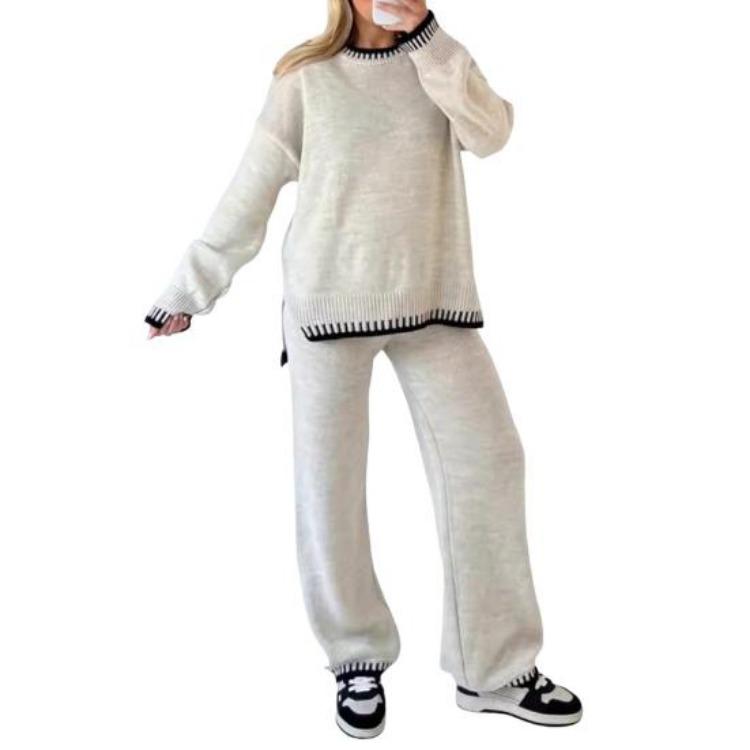 

Winter Sweater Pants Set 2 Pcs Warm Loose Knit Long Sleeves O Neck Sweater Wide Leg Trousers Homewear School Daily Outfit Sport Clothes S абрикосовий
