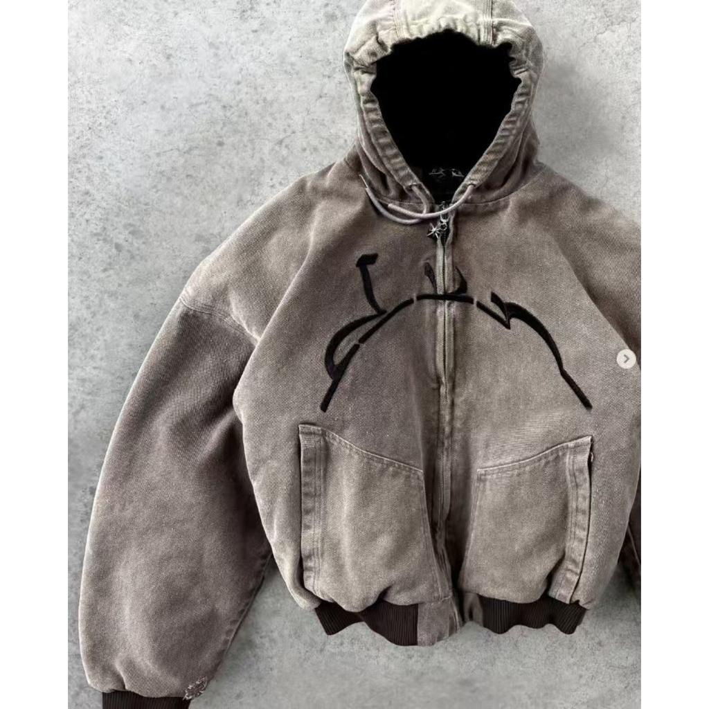 GLYDE Divin Vintage Praná Zipová Mikina Y2K Bunda Pánská Rock Hip Hop Patchwork Vyšívaná Oversized Mikina S Dlouhým Rukávem