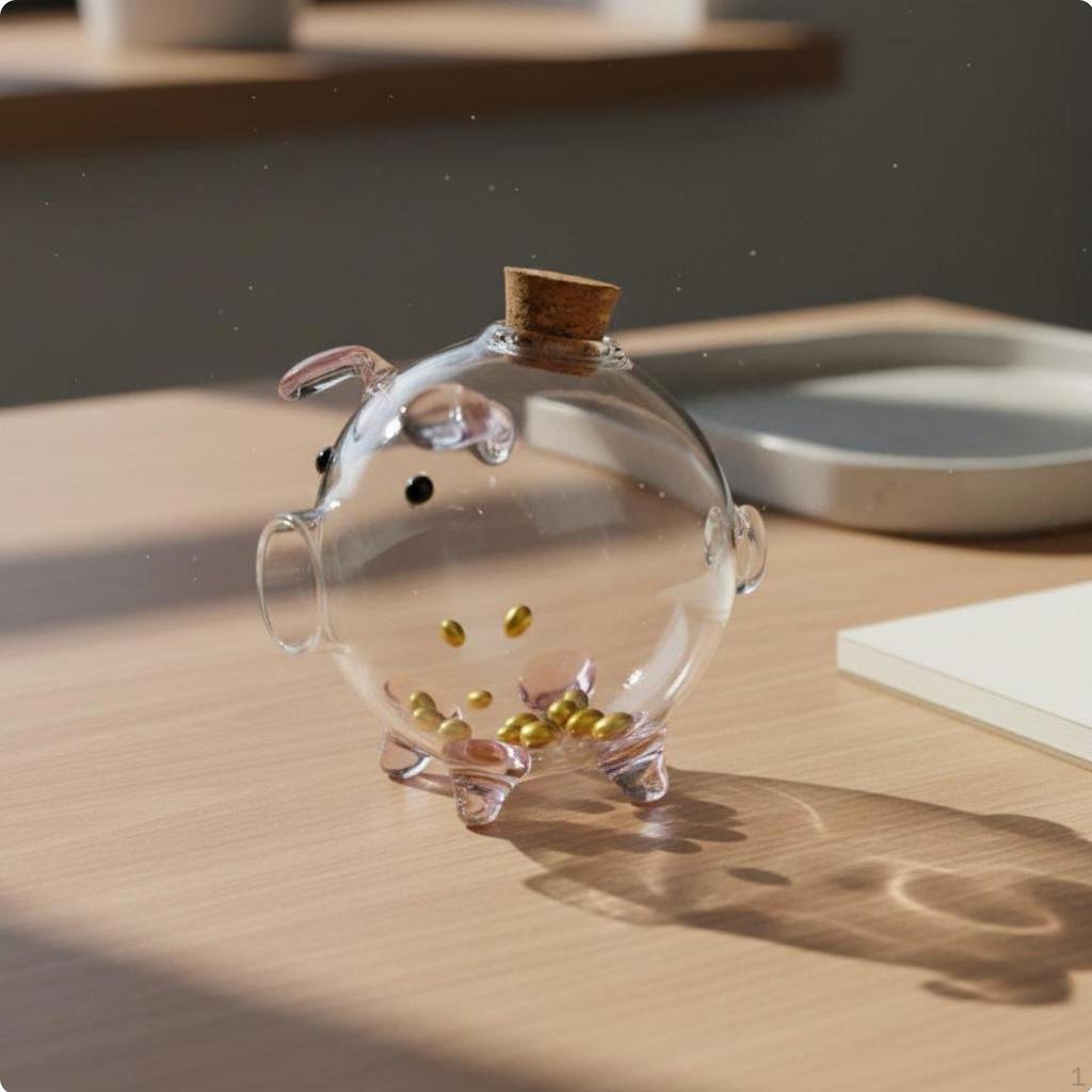 Golden Bead Storage Container Decorative Glass Piggy Bank Pig Money for Kids, Newborns,