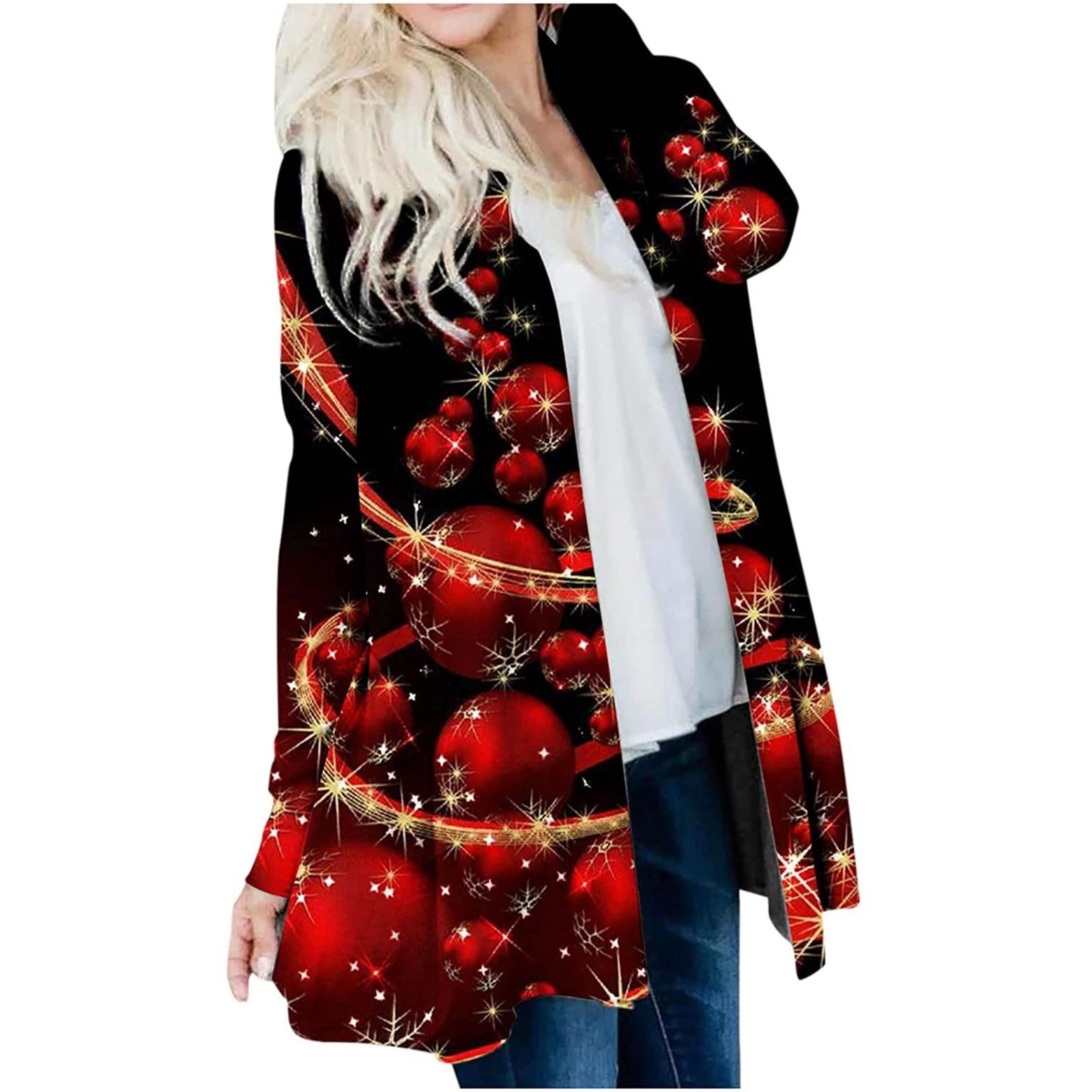 

Женская модная повседневная куртка-кардиган с рождественским принтом средней длины, пальто S винный