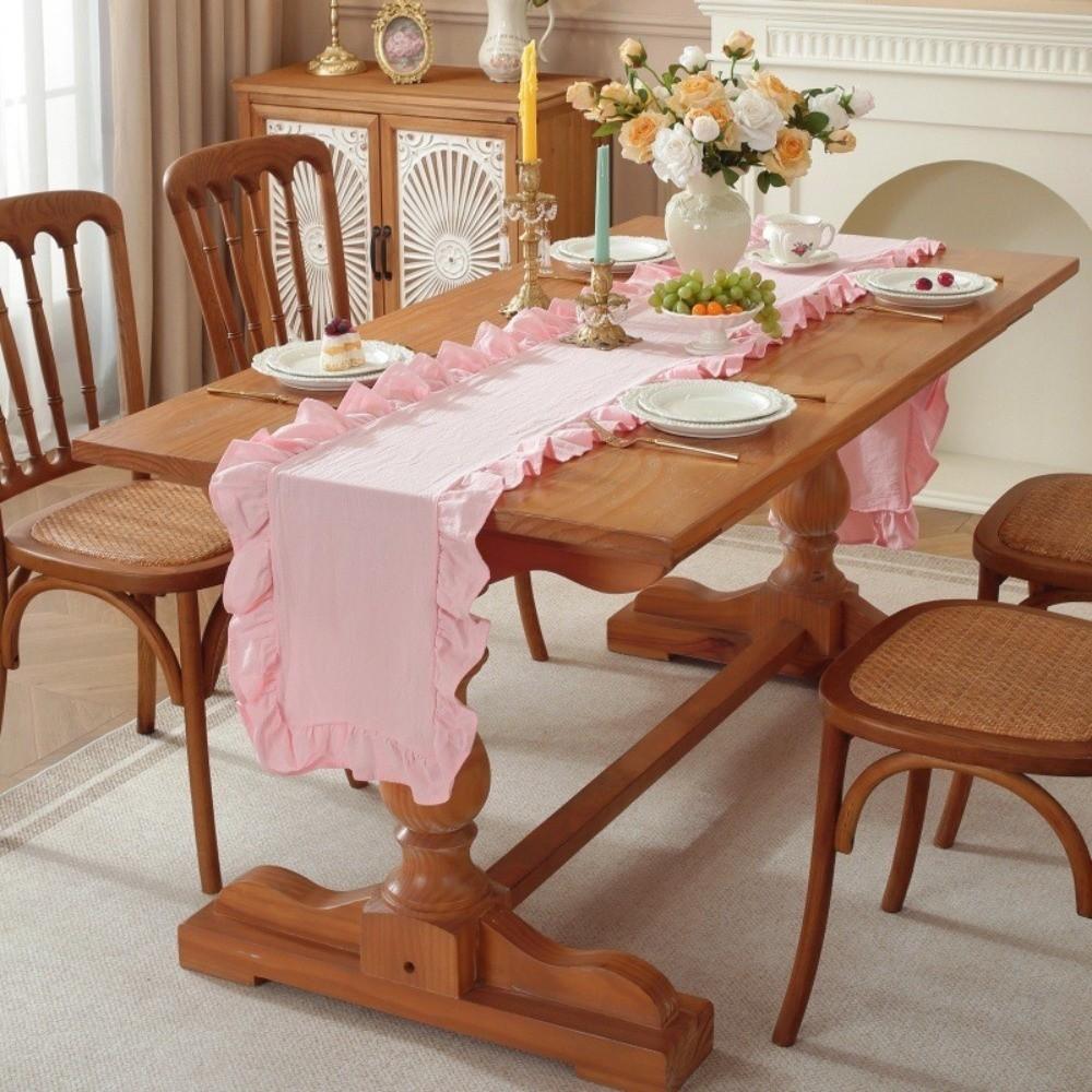 Rustic Style Ruffled Edge Table Runner Solid Color Rectangular Dinning Table Runner Anti Slip Washed Cotton Table Flag