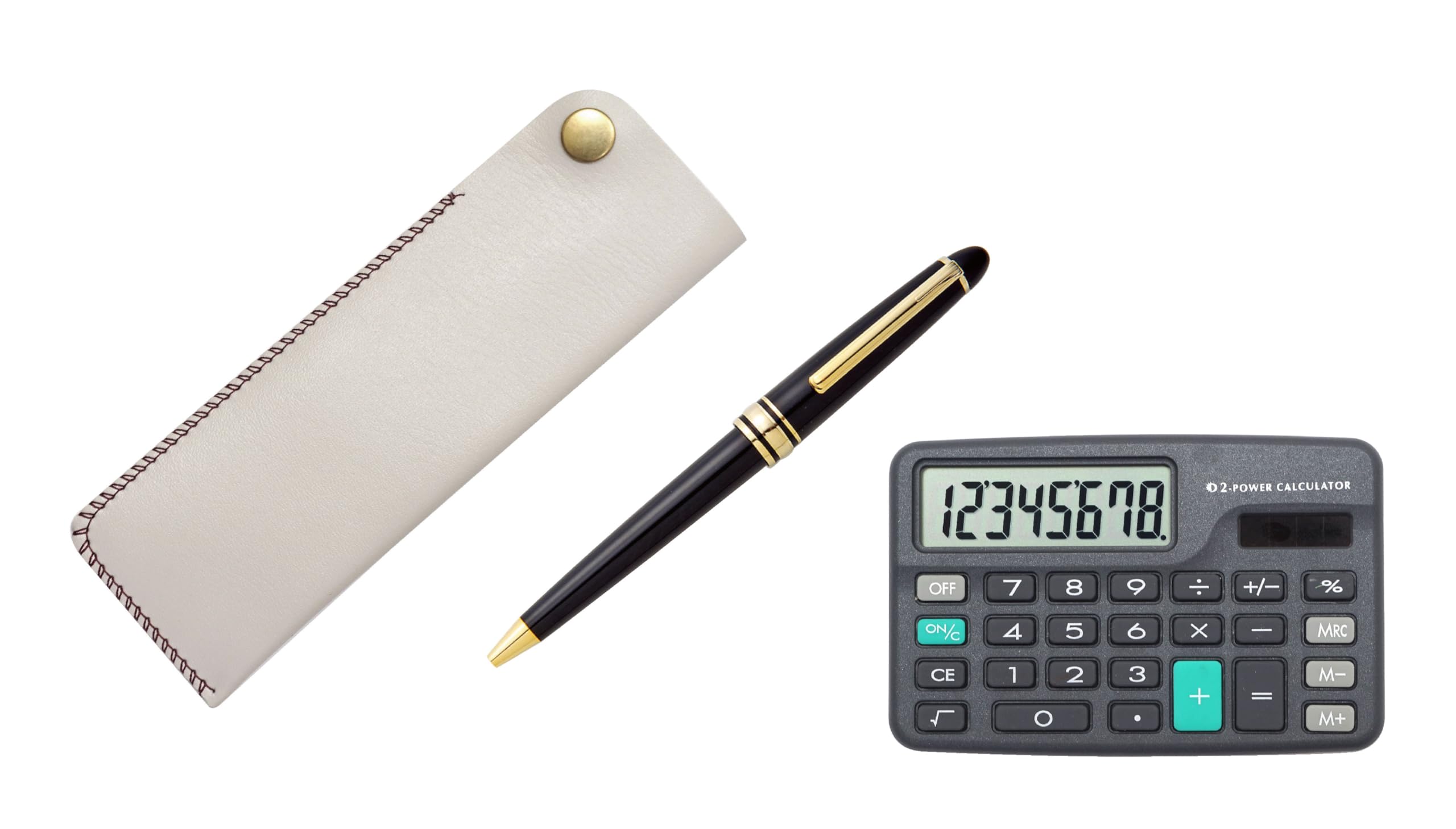 

Белый пенал с горизонтальной застежкой-кнопкой и мини с металлическим кольцом-колпачком и выдвижным ретро набором ручек-калькулятором, (T23-D-NK01W-8838B) чёрный