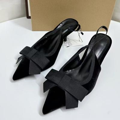 Modne czółenka mule damskie marki z ostrym czubkiem i kokardą w kształcie motyla, eleganckie buty do sukienki typu slingback na wysokim obcasie, obuwie damskie na imprezę, ślubne
