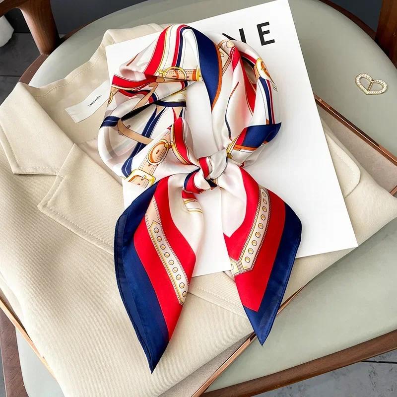 Luxury Design Skinny Square Scarf Women Chain Print Foulard Neckerchief Lady Soft Satin Hairband Head Hijab Bag Ribbon Gift
