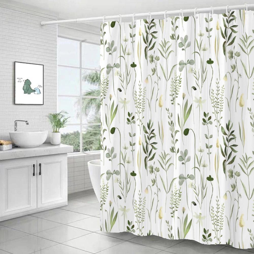 Green Leaf Plant Simple Nordic Printing Bathroom Shower Curtain Polyester Waterproof Home Decoration Curtain with 12 Hooks