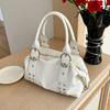 Black Faux Leather Shoulder Handbag Rivet Buckle Decor Vintage Satchel Bag with Top Handles
