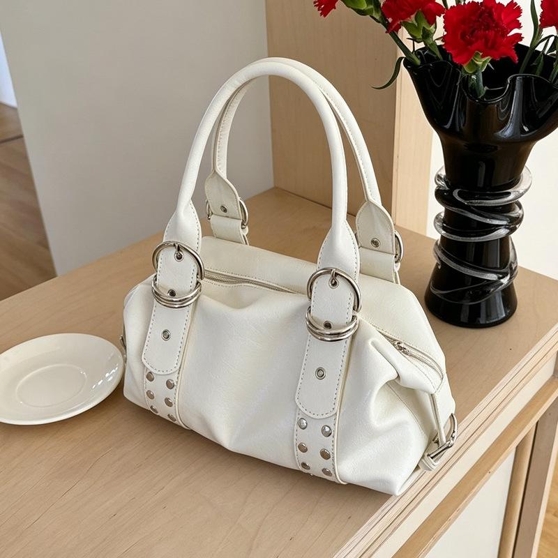 Black Faux Leather Shoulder Handbag Rivet Buckle Decor Vintage Satchel Bag with Top Handles