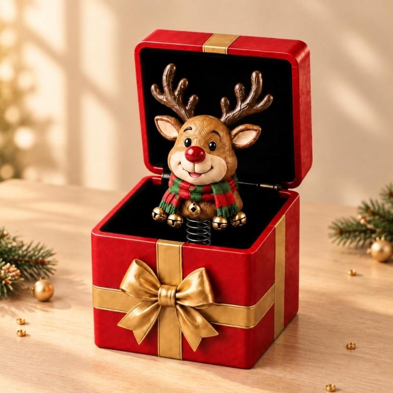 Hinged Christmas Gift Box Toy with a Spring-Mounted Figure That Rises As the Lid Opens for Holiday Gift Giving
