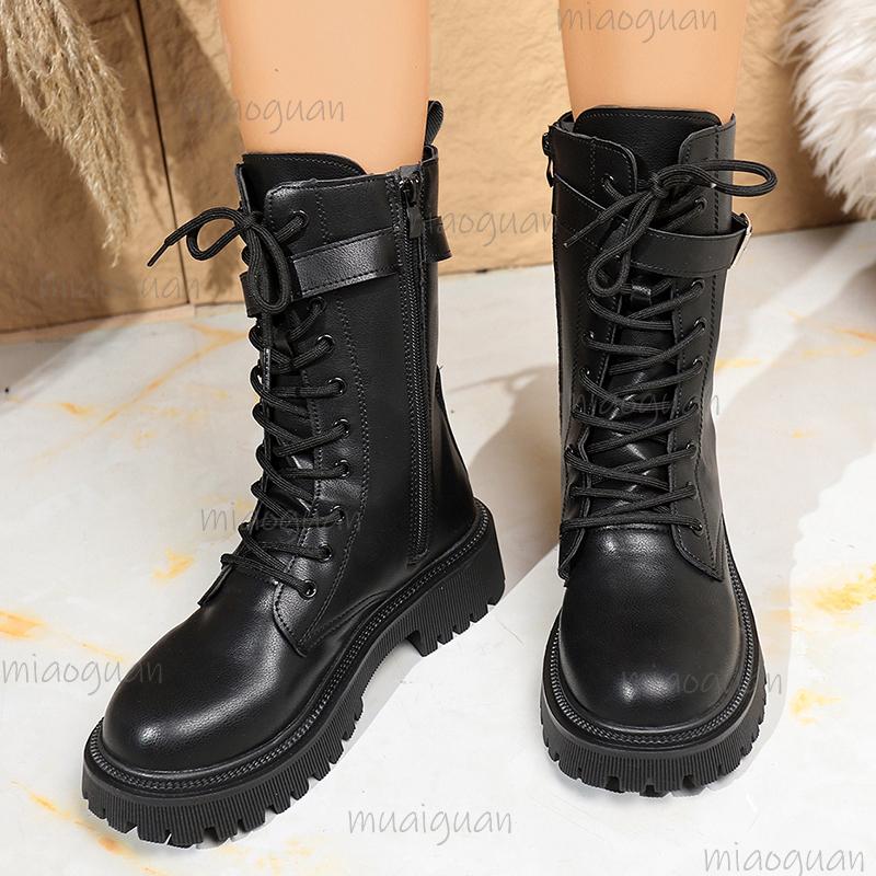 Fashion Women's Black PU Leather Mid Calf Boots Fashion Buckle Strap Platform Short Boots Women Thick Sole Non Slip Motorcycle Shoes