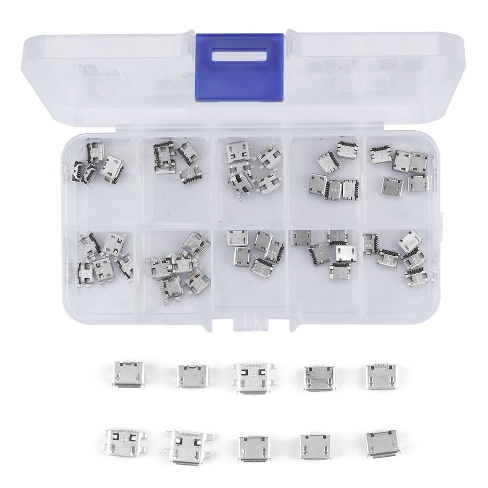 50PCS/100PCS Micro USB Connector Socket Female Chassis Connector Set All Copper 5P Socket Jack 10 Models USB Connector Set
