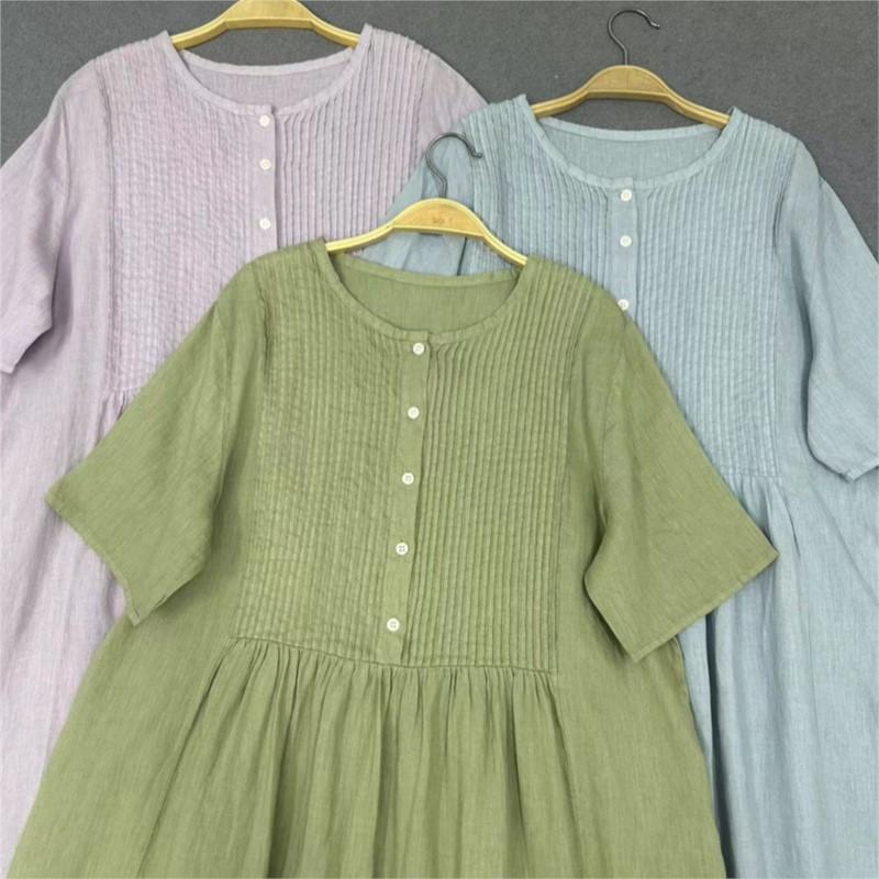 Johnature Abiti estivi pieghettati a fisarmonica giapponesi Abiti casual retrò semplici da donna a maniche corte