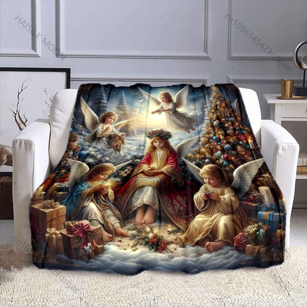 Multi-Sizes Christmas Angel Print Blanket Soft and Warm for Bed Sofa Outdoor Travel Cover Blanket Holiday Luxury Gifts