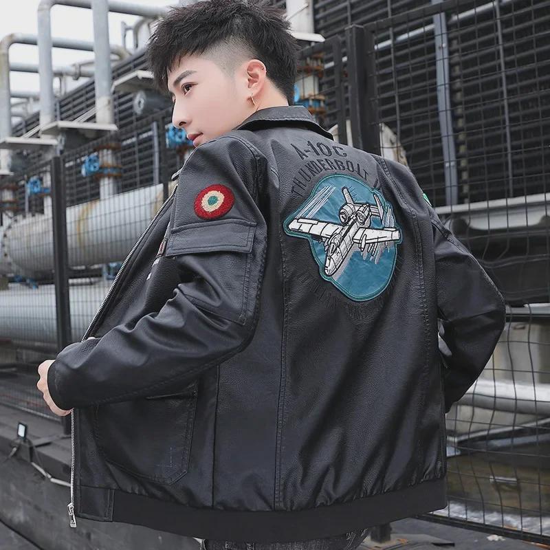 

Men s 2020 Embroidered Leather Baseball Flight Jacket 3XL чорний