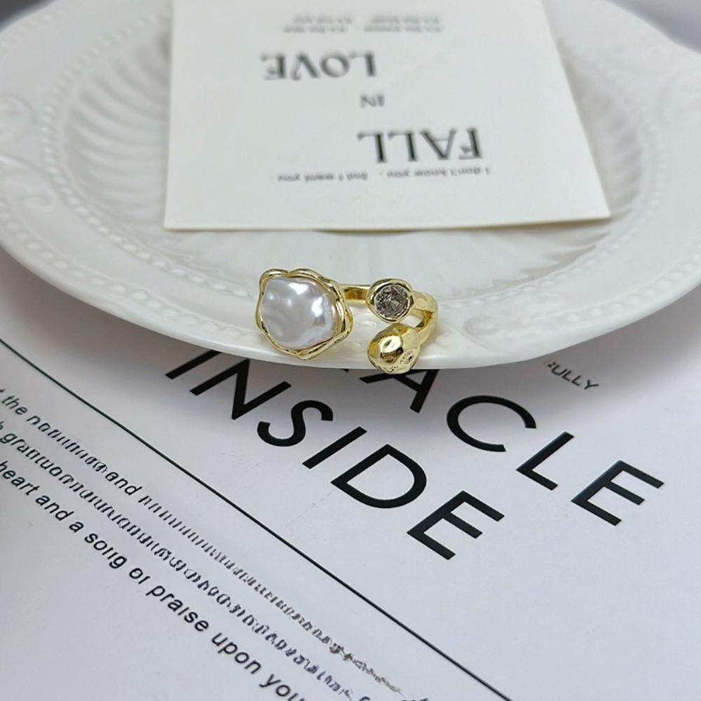 Personality Retro Baroque Imitation Pearl Zircon Adjustable Opening Rings for Women Party Statement Ring Stainless Steel Jewelry