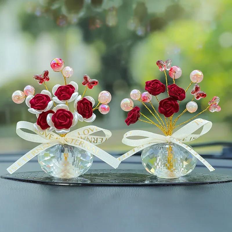 Exquisite Crystal Rose Bouquet Crystal Craft Decorative Mini Crystal Flower Figurine Creative Fashion Car Handmade Rose Ornament