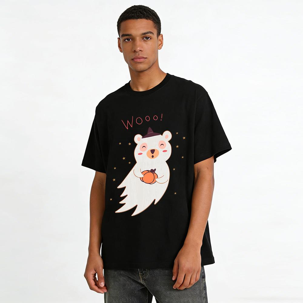 Halloween Cute Bear Ghost Costume Kids Top With Fun Pumpkin Print Wizard Hat Element Holiday Wear Pure cotton T-shirt