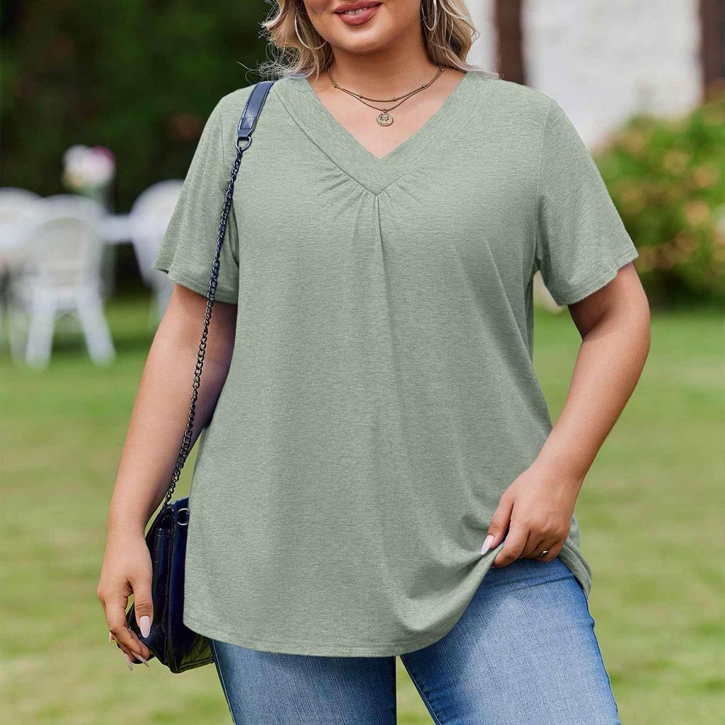 Damska Modna Codzienna Luźna Bluzka Plus Size z Krótkim Rękawem Elegancka z Dekoltem V Do Pracy