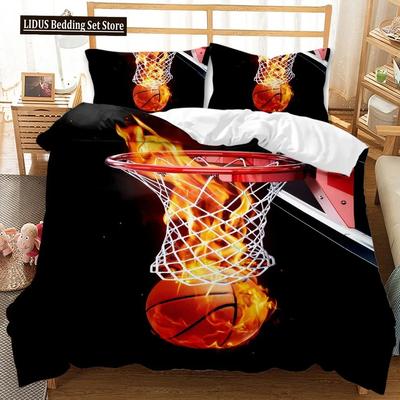 Basketball Duvet Cover Set 3D Print Cool Bright Fire Basketball Sport Comforter Cover For Kids Boy Girl Polyester Bedding Set