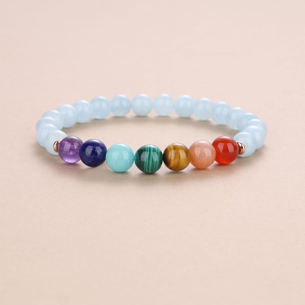8mm March Chakra Good Luck Amulet Power Stone Bracelet for Men and Women [Koai] Aquamarine, Birthstone, Seven-Color Purification, Protection,