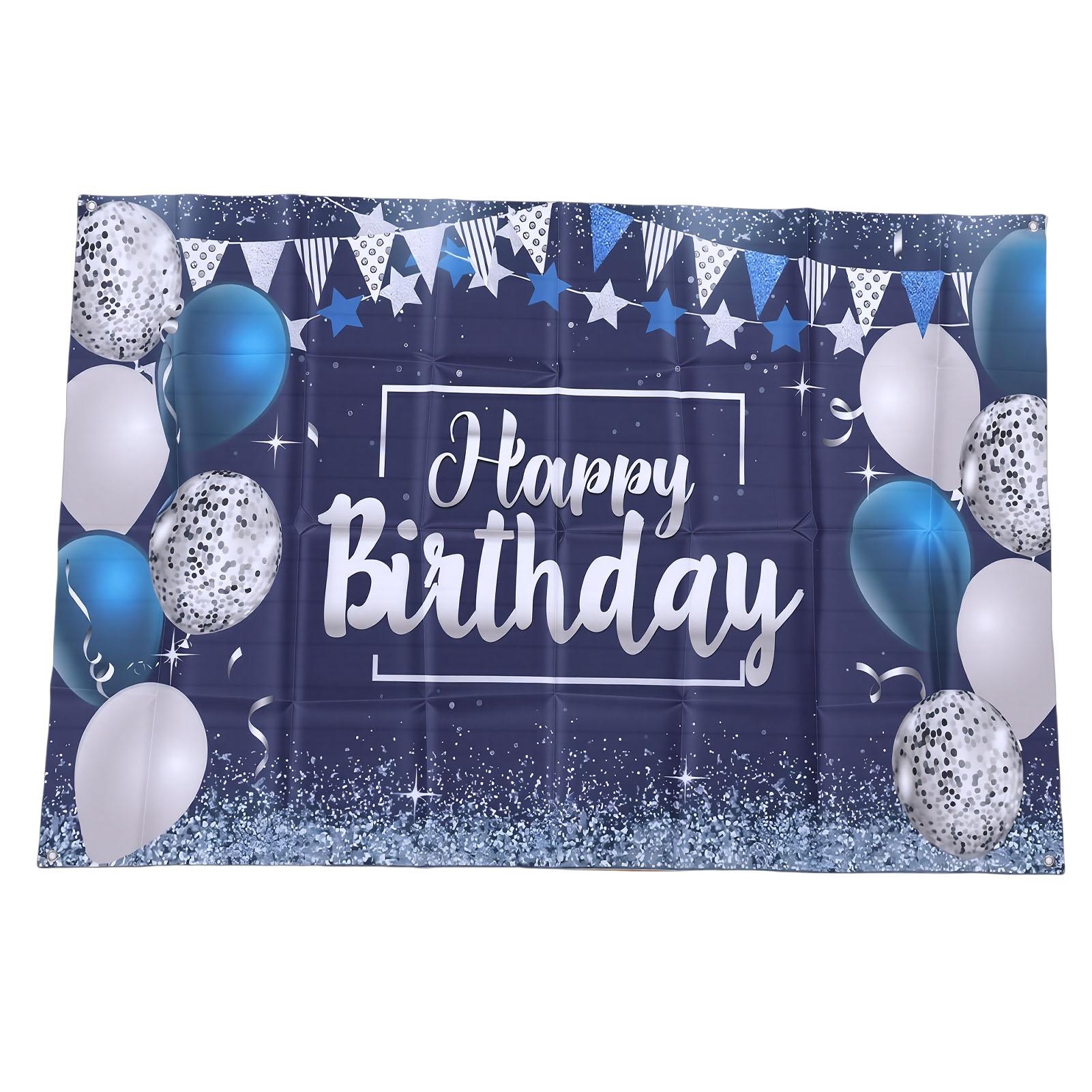 

Birthday Party Backdrop Banner Glitter Balloon Gift Star Patterns Party Backdrop Sign Poster Navy Blue Silver