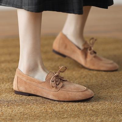 Women Pumps Low Heels Round Toe Lace Up Sheep Suede Quality Shoes Woman Retro Lace-Up Office Lady Working Spring Summer 2025 New