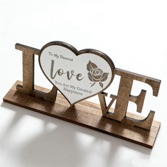 Valentine's Day Love Table Sign with Base Farmhouse Rustic Wooden Love Letter Ornament Anniversary Wedding Party Tabletop Decoration