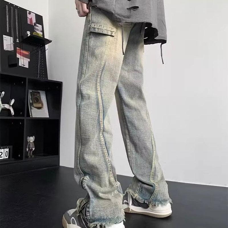 Youthful Vitality Zipper Detail Bootcut Jeans Men's Clothing High Street Denim Pants Distressed Stylish Rough Selvage Trousers