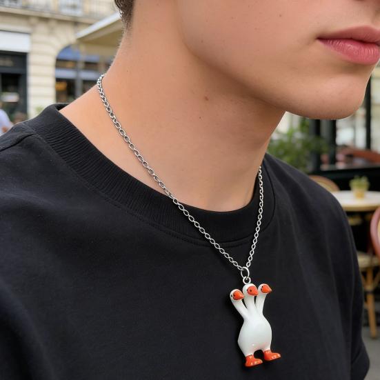 Three-Headed White Goose Keychain Pendant Necklace Earrings Three-Dimensional Relief Resin Hand-Painted Lightweight Necklace Jewelry Gift Accessories