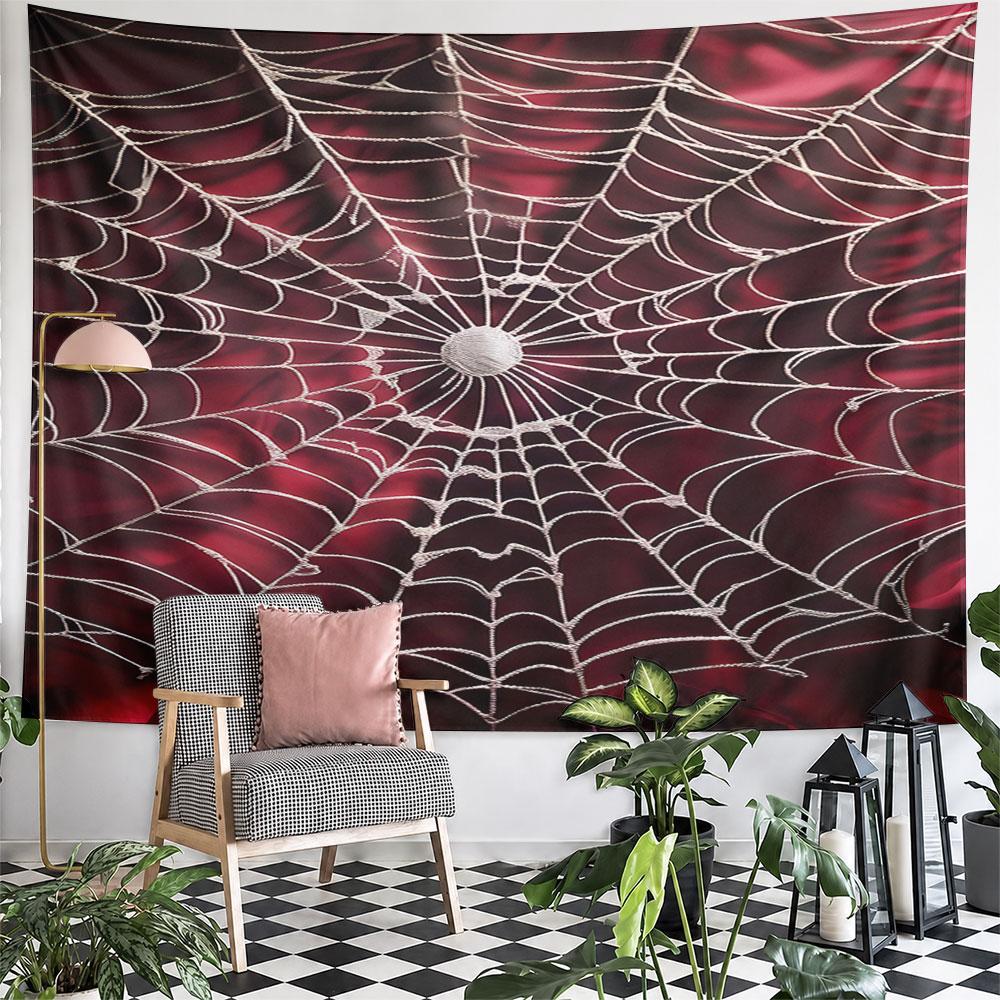 Spider Web On Red Satin Background Pattern Wall Hanging Tapestry Decorative Tapestry Home Decor for Bedroom and Living Room