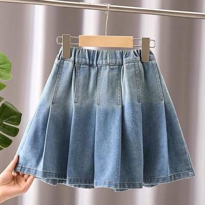 Saia Plissada Jeans para Meninas Verão Nova Saia de Meio Corpo Linha A Shorts-Saia Infantil