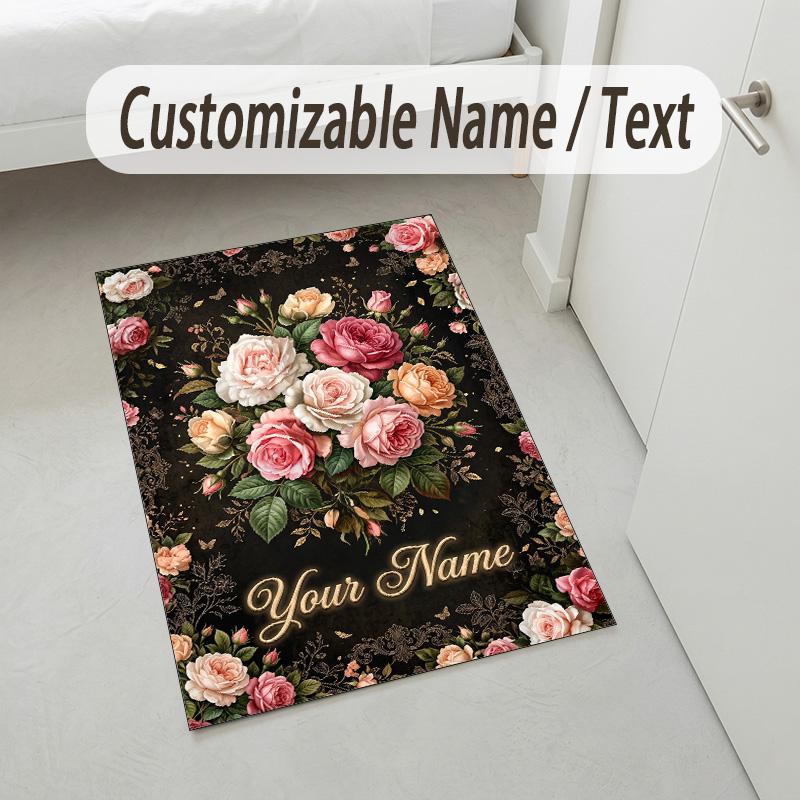 Floral Elegance Theme Soft Crystal Velvet Rug Custom Name & Text Print Non Slip Floor Rug for Bedroom Living Room